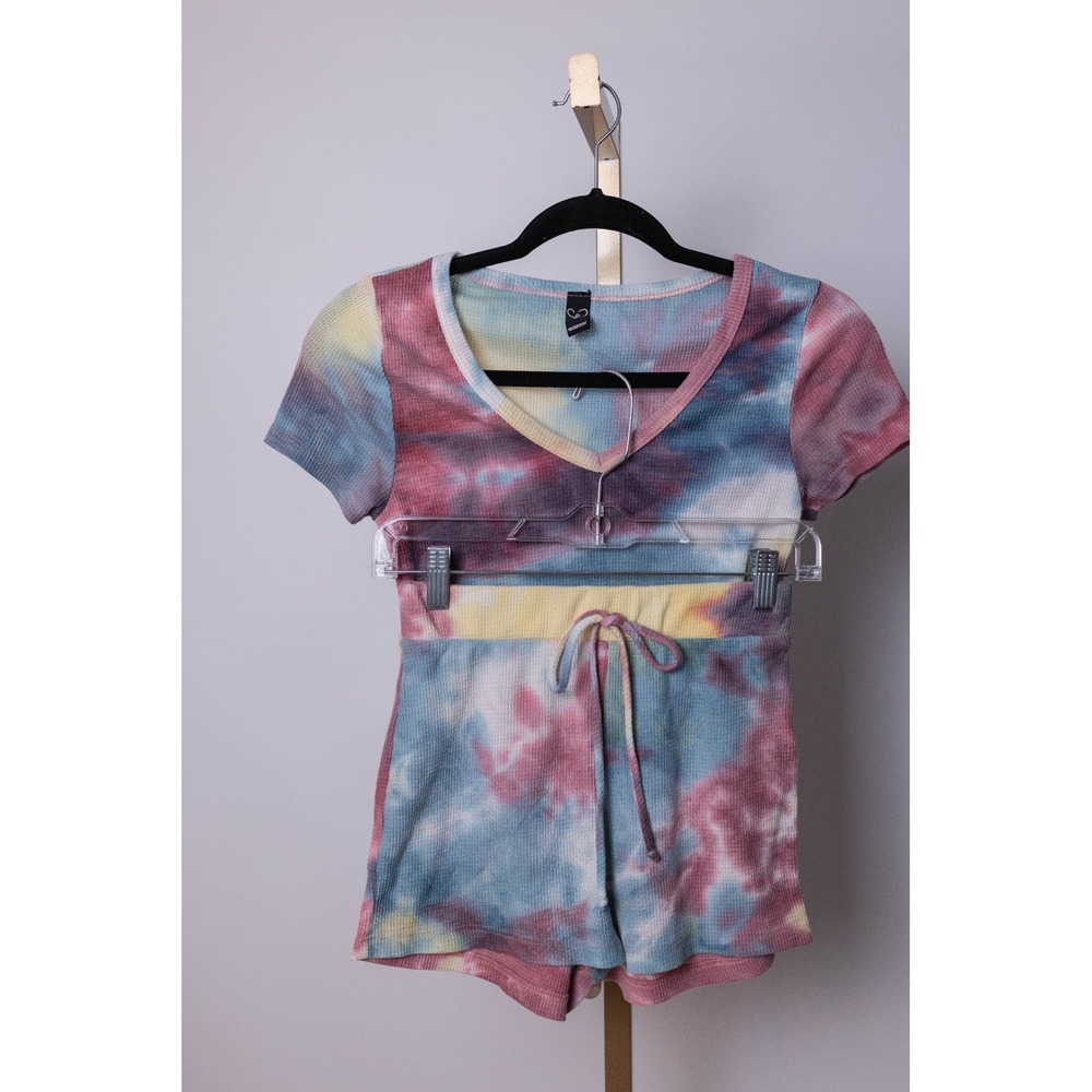 Windsor Tie Dye Waffleโ Knit Lounge Set V-Neck Crop Top Shorts Small